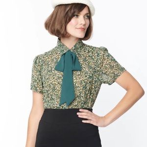 NWT XL Smak Parlour Unique vintage bow blouse button up floral top